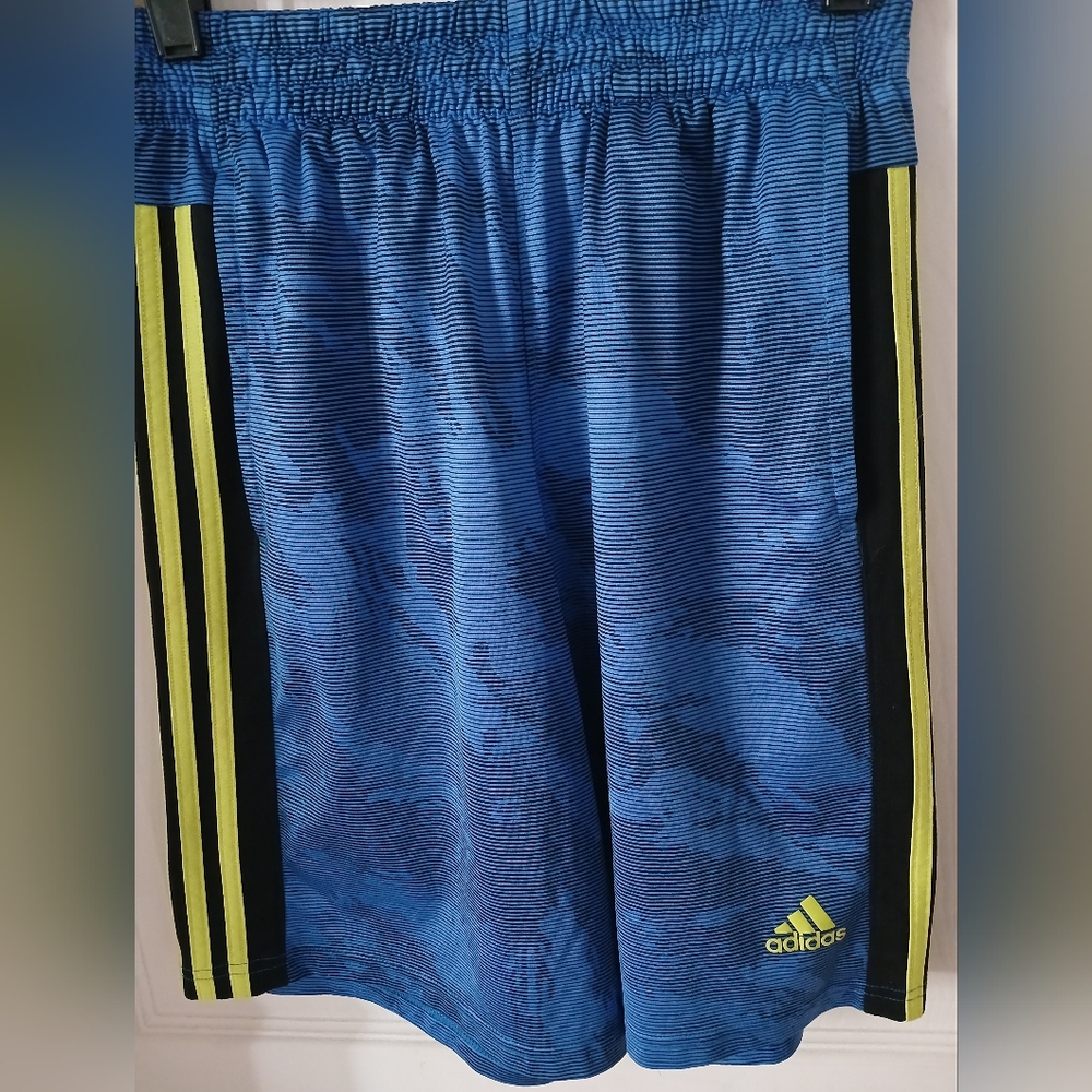 adidas Blue Shorts with Neon Yellow Side Stripes